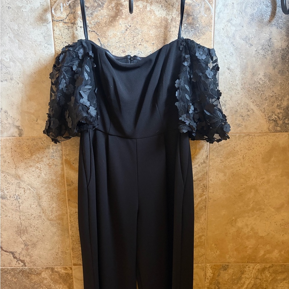 Xscape Black Jumpsuit with Floral Appliqué Sleeves